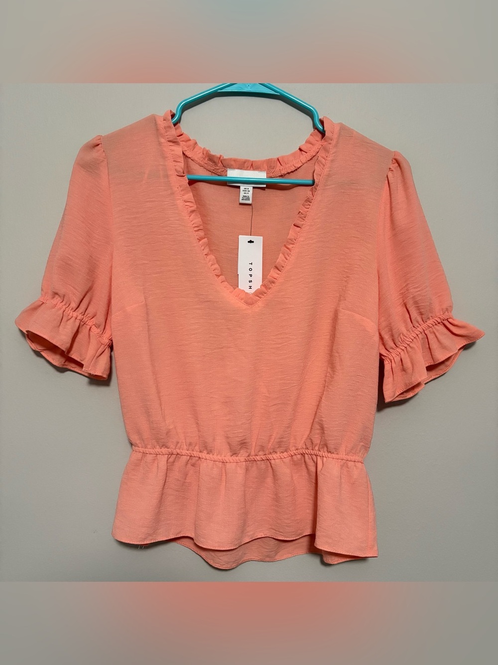 Topshop Coral Ruffle V-Neck Peplum Blouse